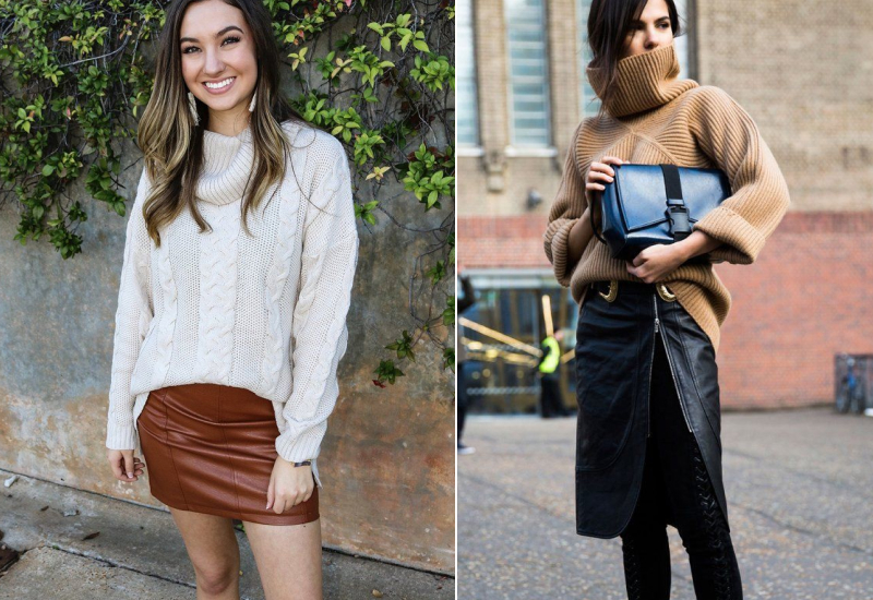 Свитер с объемным воротом и кожаная юбка