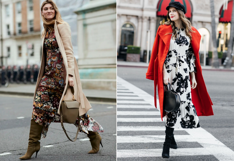 Шерстяное пальто и платье с цветочным принтом