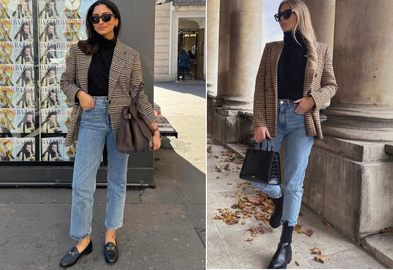 Жакет в клетку и джинсы mom-fit